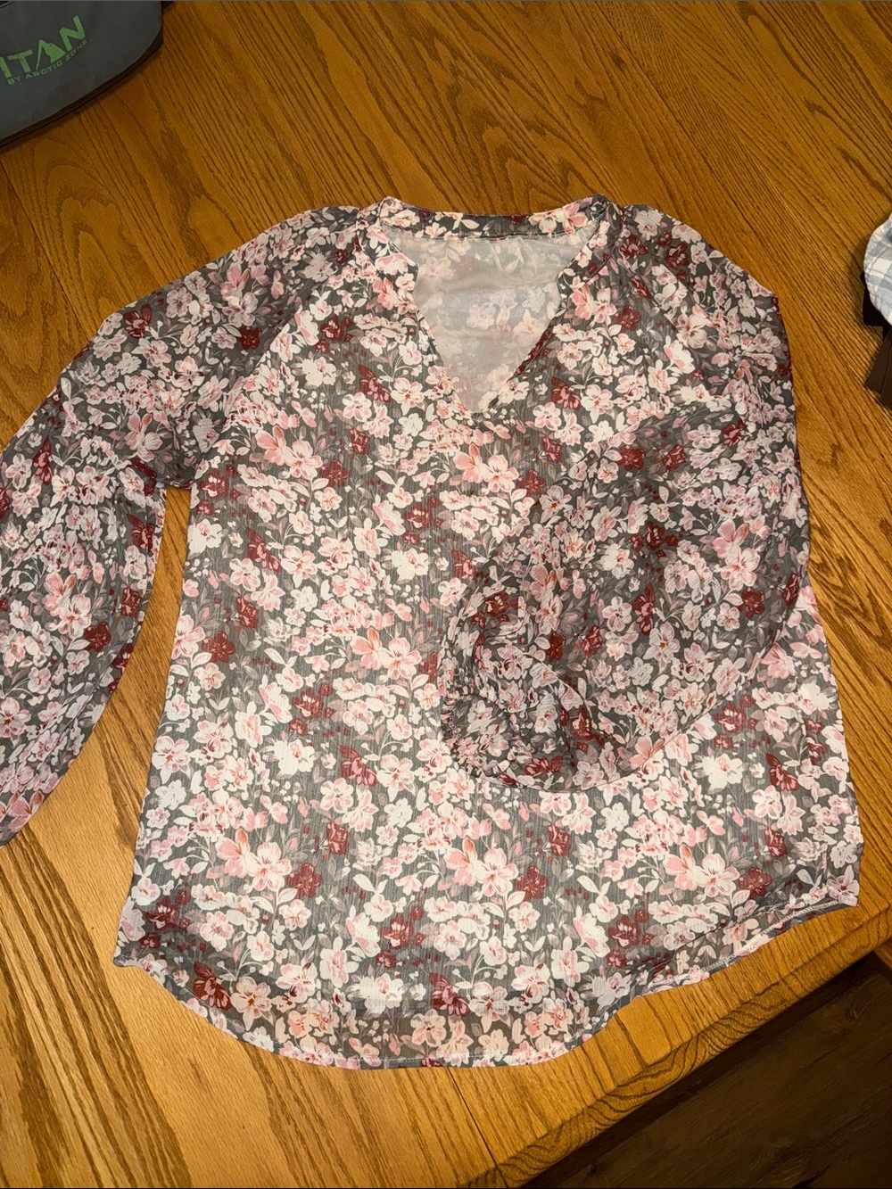 Floral V-Neck Long-Sleeve Blouse - Pink and Gray